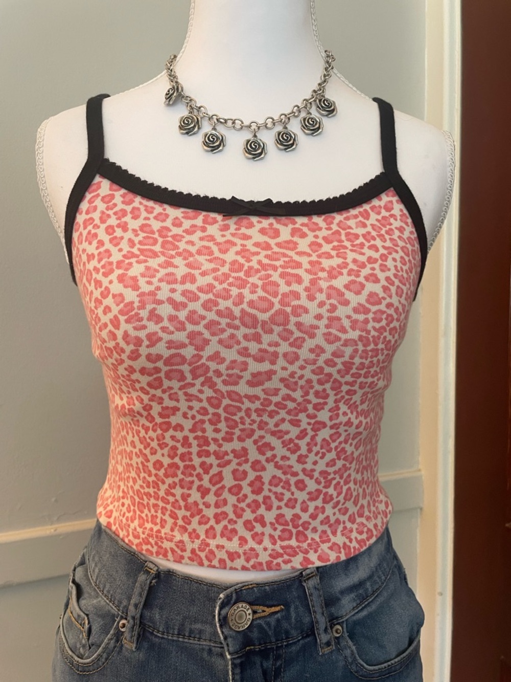 Brandy Melville Pink Leopard Ribbed Cami with Black Trim